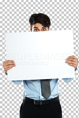 Placard mockup, employee portrait and man with marketing poster, advertising banner or product placement. Billboard sign, business studio mock up or hiding sales model isolated on a png background
