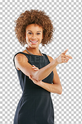 Portrait, black woman and hand pointing to mockup in studio for advertising isolated on a png background. Face, finger and gesture by businesswoman for vision or marketing, idea and product placement isolated