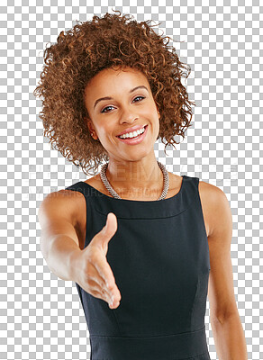 Portrait, handshake and business woman in studio for welcome, thank you or hiring isolated on a png background. Hr, black woman and shaking hands for deal, success and partnership, recruitment and isolated