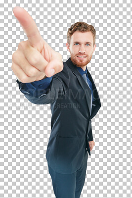 Businessman, studio portrait and pointing with hand for vision, future or success by isolated on a png background. Isolated man, corporate suit and hand sign with smile, goals or happy for professional aesthetic