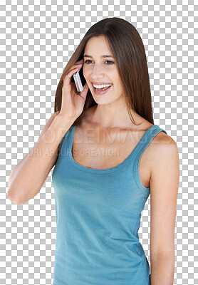 Phone call communication, happy and woman talking, gossip or networking chat to digital mobile contact. Smartphone user, conversation discussion and speaking studio model isolated on a png background