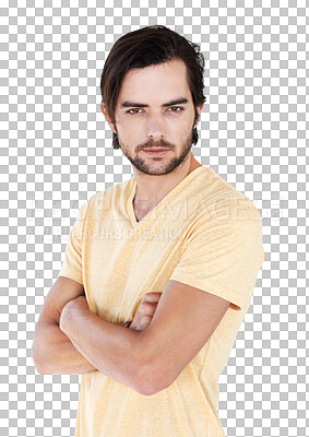 Man, studio portrait and arms folded for confidence, focus or vision with t-shirt by isolated on a png background. Isolated casual model, handsome male and motivation in trendy fashion, relax lifestyle or beauty