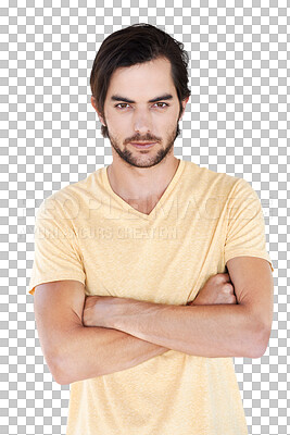Man, arms crossed and serious fashion portrait isolated on a png background with mockup space. Face of male Europe model with a beard posing for magazine cover, advertising or marketing in studio