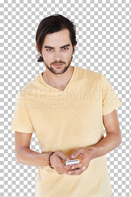 Young man, portrait with smartphone, social media and chat with communication, technology isolated on a png background. Network, internet and phone for social network or gaming, tech and online