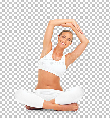 Portrait, yoga and woman stretching arm in studio isolated on a png background. Zen chakra, pilates fitness and female athlete meditating, sitting and training for health, wellness or mindfulness.