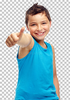 Thumbs up, portrait and boy kid and celebration. Happy child, thumb up and like emoji for winner, support and vote of trust, thank you and yes agreement of review isolated on a png background