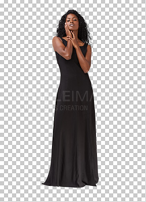 Fashion, beauty and elegant woman in a studio with a fancy, stylish and luxury black dress. Beautiful, young and indian female model from India with a classy outfit isolated by a isolated on a png background