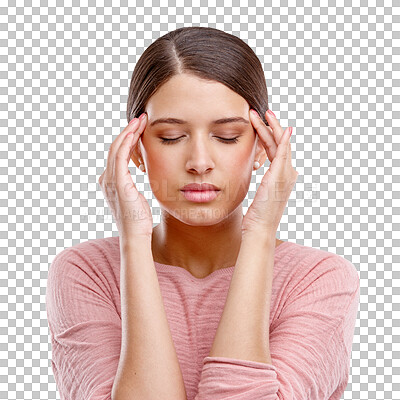 Headache, stress and frustrated with woman in pain suffering with anxiety, depression and burnout fatigue. Mental health, sad and migraine with face of worried girl for sick, mistake and exhausted isolated on a png background