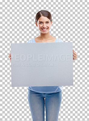 A Woman, happy portrait and blank board standing for advertising, marketing and branding vision. Model, smile and holding empty poster, billboard or banner mockup isolated on a png background