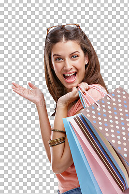A Woman is shopping, paper bag and retail portrait, fashion with happy customer. Discount, sale and excited customer with shopping bag, luxury designer brand and clothes isolated on a png background