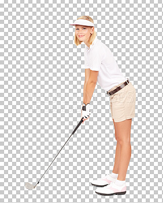 Blond woman, golf and standing with stick in pose ready for match, game or play against a isolated on a png background. Isolated female model in sportwear for golfing with golf club on white background