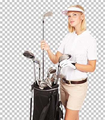 Golf, woman and sport clubs portrait of a model with sports gear. Thinking, game club choice and female athlete with sportwear looking thoughtful with mock up space isolated on a png background