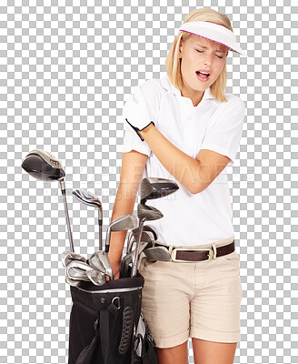 Golf woman, and injury on shoulder by white background with physical therapy for wellness. Golfer girl, model and isolated with muscle pain, injury and self care for health, body and anatomy isolated on a png background