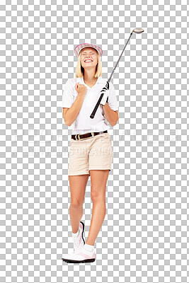 Excited, golf and woman winning, smile and achievement for female player. Competitor, sports and player with happiness, gold and victory in competition or champion isolated on a png background