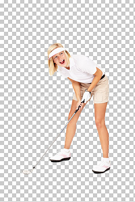 Woman, golf and stick ready for sports game, match or fun golfing. Happy blond female golfer isolated in sport with golf club screaming in frustration after shot isolated on a png background
