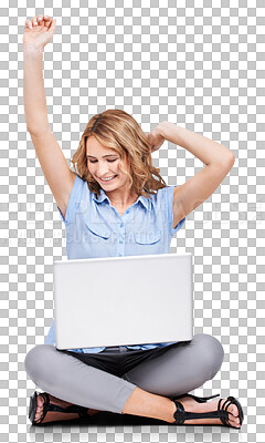Business, laptop and woman excited, celebration and employee. Consultant, female entrepreneur and lady with computer, winner and website launch for startup company isolated on a png background
