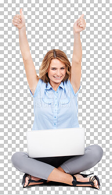 Laptop, thumbs up and business woman on studio floor happy, excited and winning. Portrait, hand and success sign by female entrepreneur celebrating good news, idea or mission plan isolated on a png background