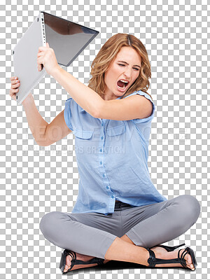 Business, angry and woman breaking laptop, stress and frustrated employee. Glitch, smash computer or female worker with stress for error, mad or upset with burnout isolated on a png background