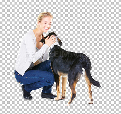 Love, pets and woman with dog and smile with mockup and product placement. Best friends, happy woman and animal playing and training with pet care and loyalty together isolated on a png background