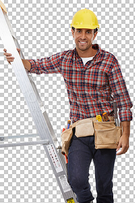 Construction, building and portrait of a handyman on a ladder for home improvement. Service, happy and safety construction worker with a maintenance or repair job on a white isolated on a png background