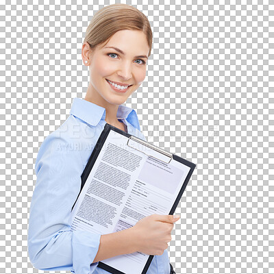A Business woman, portrait and clipboard for cv review, recruitment or mockup job interview. Smile, happy and human resources worker with paper documents for we are hiring isolated on a png background