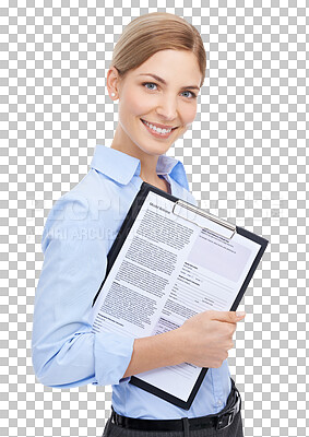 Business woman, portrait and contract clipboard on isolated on a png background for cv review, recruitment or job interview. Smile, happy or human resources worker with paper documents for we are hiring