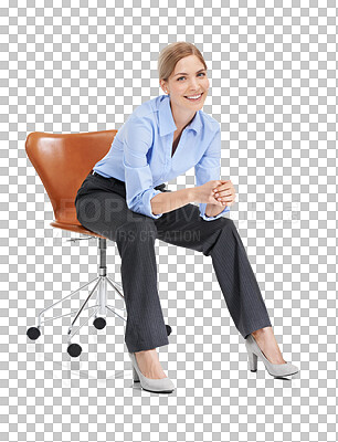 Portrait, smile and business woman on chair in studio isolated on a png background. Ceo, boss and happy, confident and proud female employee from Canada sitting on seat with vision or success mindset