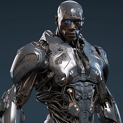 Cyborg, robot and iron soldier on mockup for futuristic war, galactic ...