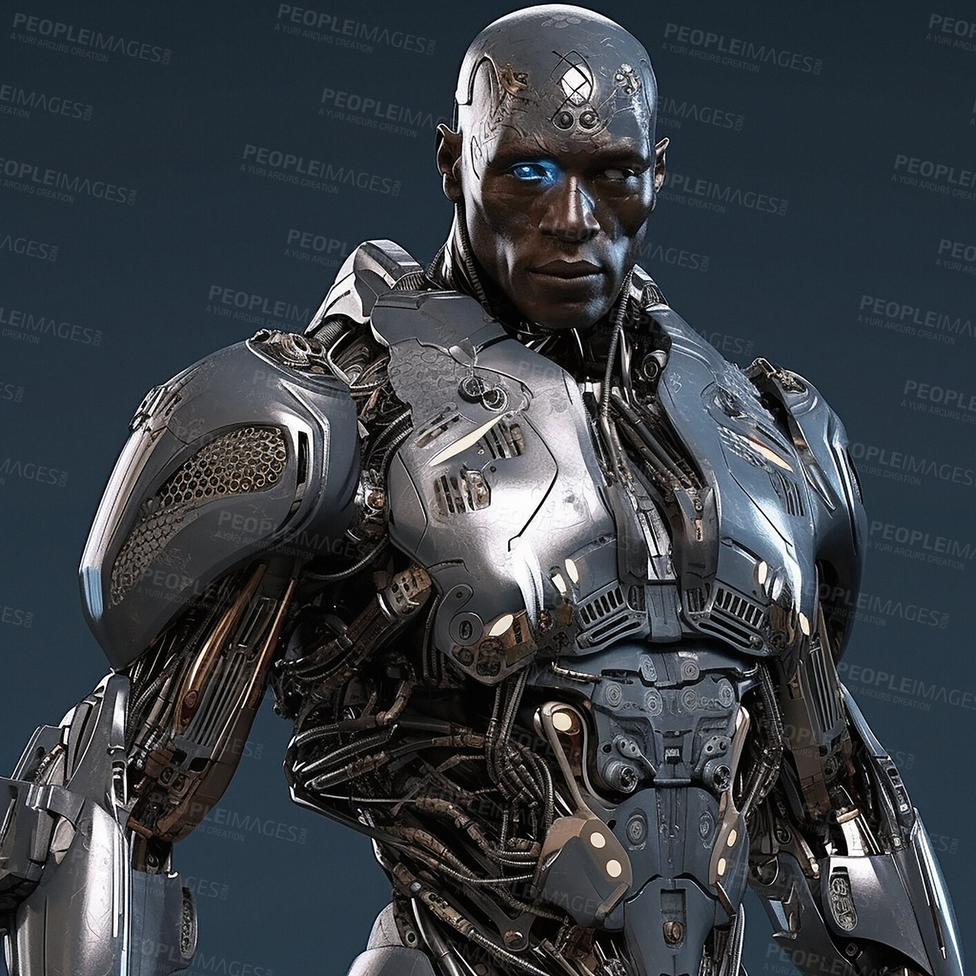 Buy stock photo Machine, cyborg and robot, black man and isolated on studio background, new technology and ai generated innovation. Scifi, male and futuristic humanoid in robotics engineering and fantasy portrait