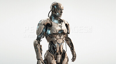 Buy stock photo Robot, ai and android isolated on studio background, robotics and technology abstract with mockup space. Computer science, humanoid and innovation with futuristic tech, alien with scifi and cyborg