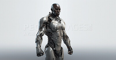 Buy stock photo Robot, black man and future cyborg machine on isolated studio background, ai generated metal and technology abstract on mockup. Robotics, scifi and innovation of futuristic tech or sci fi engineering