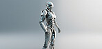 Robot, ai and cyborg isolated on studio background, robotics and technology abstract with mockup space. Computer science, engineering and innovation with futuristic tech, alien with scifi and bionic