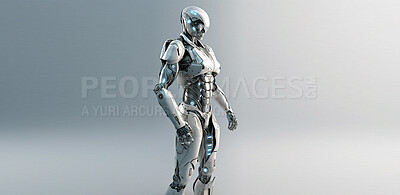 Buy stock photo Robot, ai and cyborg isolated on studio background, robotics and technology abstract with mockup space. Computer science, humanoid and innovation with futuristic tech, alien with scifi and bionic