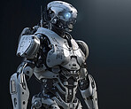 Futuristic, innovation and robot with 3d rendering humanoid, modern and tech against a dark studio background. Future, new and cyborg with design, metaverse and digital with machine and robotics