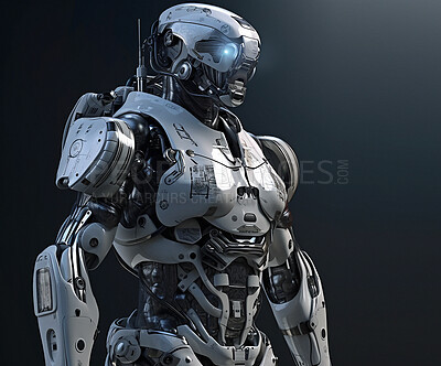 Buy stock photo Futuristic, innovation and robot with 3d humanoid, modern and technology against a dark studio background. Future, new and cyborg with design, metaverse and digital with machine and robotics
