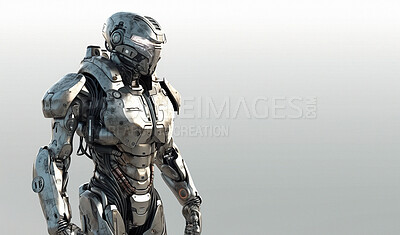 Buy stock photo Cyborg, robot and iron soldier on mockup for futuristic war, galactic cyberspace battle or android machine against white studio background. Cyber warrior in robotic future or technology on copy space