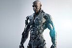 AI technology, sci fi and cyborg man, futuristic robot or  fantasy warrior character for RPG, gaming or cyberpunk.  Studio machine, android transformation or robotic humanoid model on grey background