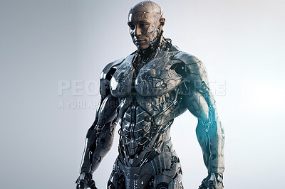 AI technology, sci fi and cyborg man, futuristic robot or fantasy warrior character for RPG, gaming or cyberpunk. Studio machine, android transformation or robotic humanoid model on grey background