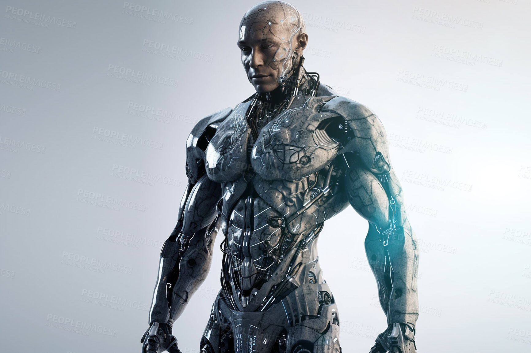 Buy stock photo AI technology, sci fi and cyborg man, futuristic robot or  fantasy warrior character for RPG, gaming or cyberpunk.  Studio machine, android transformation or robotic humanoid model on grey background