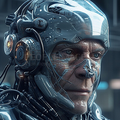 Cyberpunk, futuristic and face of scifi old man for video game character, digital gaming and metaverse. Technology, virtual reality and male in dystopian city at night in ai, cyborg and robot design