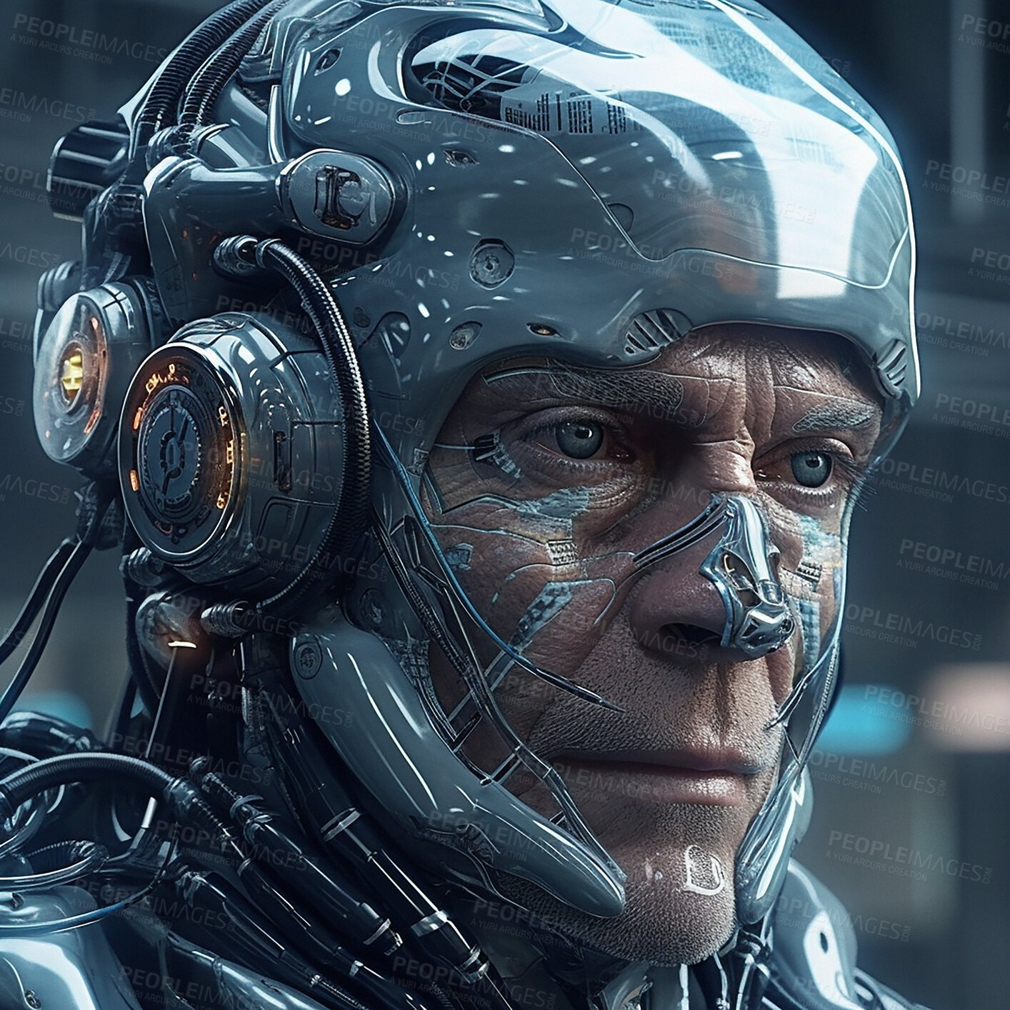 Buy stock photo Cyberpunk, futuristic and face of scifi old man for video game character, digital gaming and metaverse. Technology, virtual reality and male in dystopian city at night in ai, cyborg and robot design