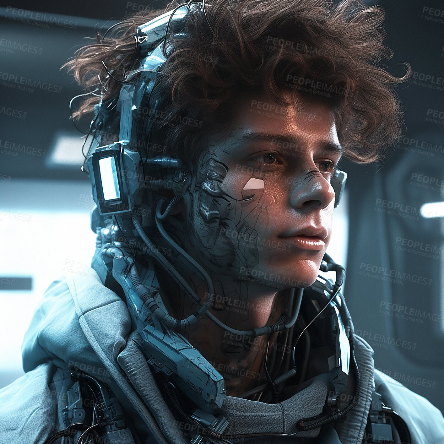 Buy stock photo Cyberpunk, scifi gaming and cyborg man for fantasy character, humanoid soldier and metaverse. Futuristic technology, virtual reality and dystopian male with ai generated, digital art and 3d design