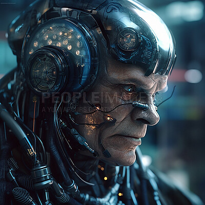 Buy stock photo Cyberpunk, cyborg and face of scifi old man for video game character, digital gaming and metaverse. Futuristic technology, virtual reality and dystopian male at night for fantasy ai, hero or robot