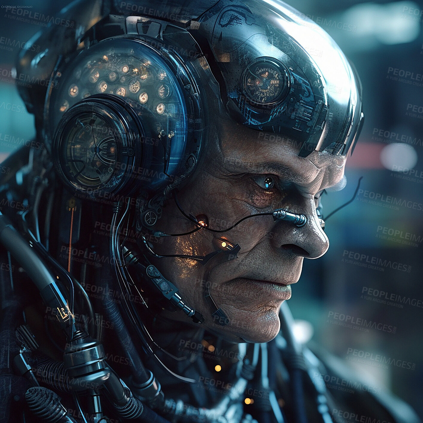 Buy stock photo Cyberpunk, cyborg and face of scifi old man for video game character, digital gaming and metaverse. Futuristic technology, virtual reality and dystopian male at night for fantasy ai, hero or robot