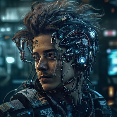 Buy stock photo Robot, futuristic face and scifi man for fantasy character, digital video game and metaverse. Technology, virtual reality and male in dystopian city at night in ai generated, cyborg design