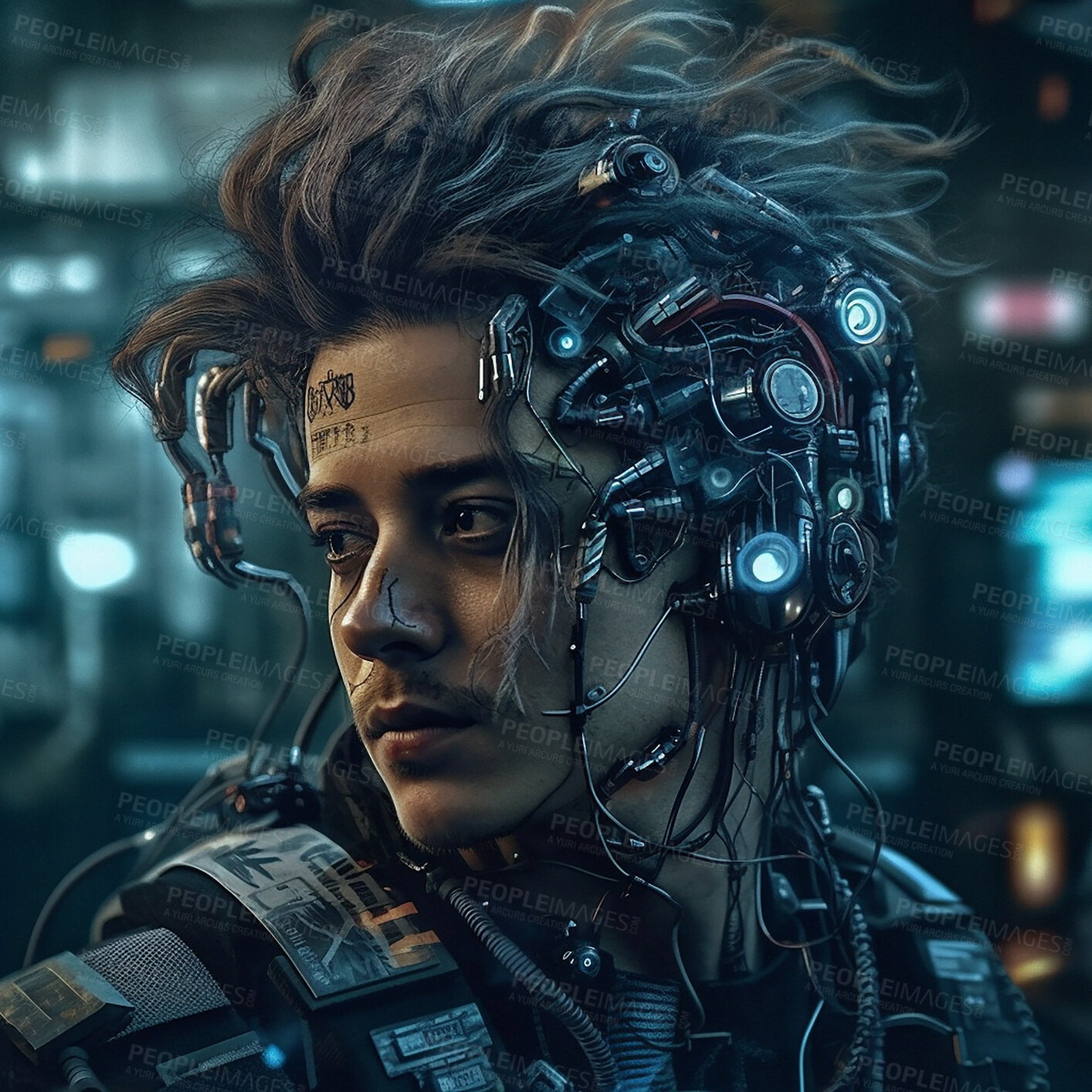 Buy stock photo Robot, futuristic face and scifi man for fantasy character, digital video game and metaverse. Technology, virtual reality and male in dystopian city at night in ai generated, cyborg design