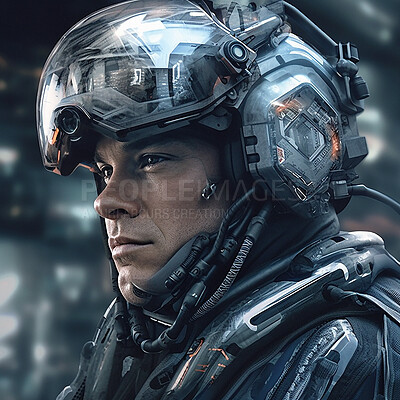 Buy stock photo Cyberpunk, futuristic soldier and scifi man for video game character, digital gaming and metaverse. Technology, virtual reality and male in dystopian city for ai generated, military cyborg design