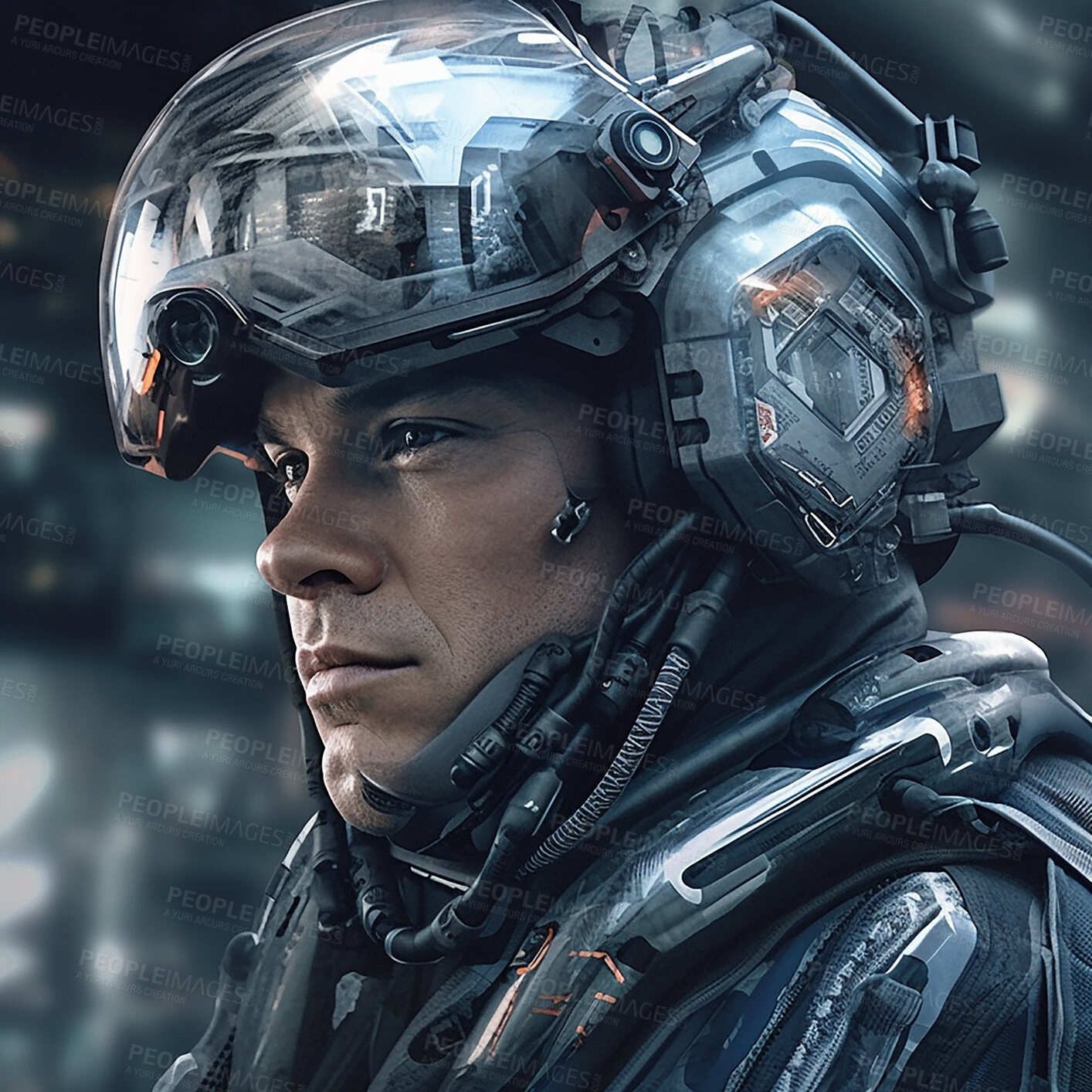 Buy stock photo Cyberpunk, futuristic soldier and scifi man for video game character, digital gaming and metaverse. Technology, virtual reality and male in dystopian city for ai generated, military cyborg design