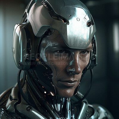 Buy stock photo Cyberpunk, futuristic and scifi cyborg man for video game character, digital gaming and metaverse. Technology, virtual reality and dystopian male soldier at night for ai generated, 3d robot design