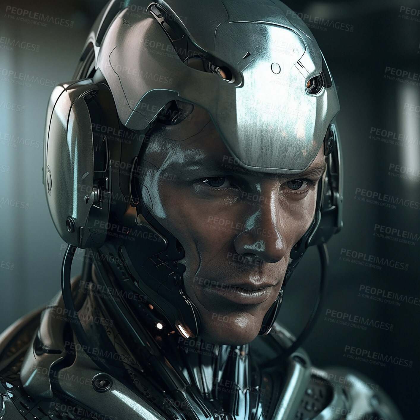 Buy stock photo Cyberpunk, futuristic and scifi cyborg man for video game character, digital gaming and metaverse. Technology, virtual reality and dystopian male soldier at night for ai generated, 3d robot design